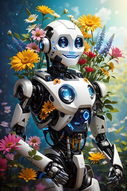 Floral Embrace Capturing the Joyful Grin of a Botanical Robot Ai Generative