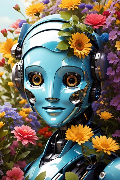 Photo floral embrace capturing the joyful grin of a botanical robot ai generative