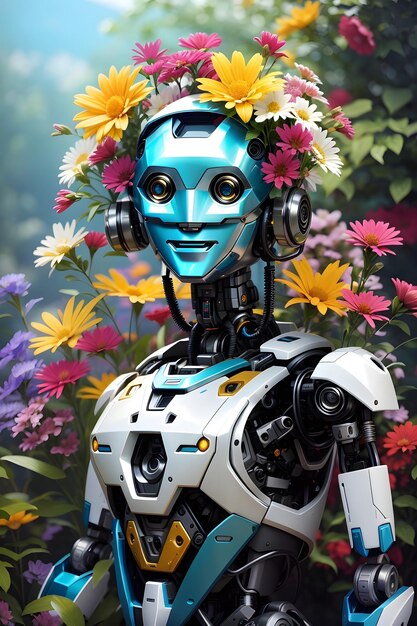 Foto un abbraccio floreale cattura il sorriso gioioso di un robot botanico ai generative