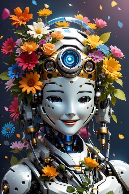 Foto un abbraccio floreale cattura il sorriso gioioso di un robot botanico ai generative