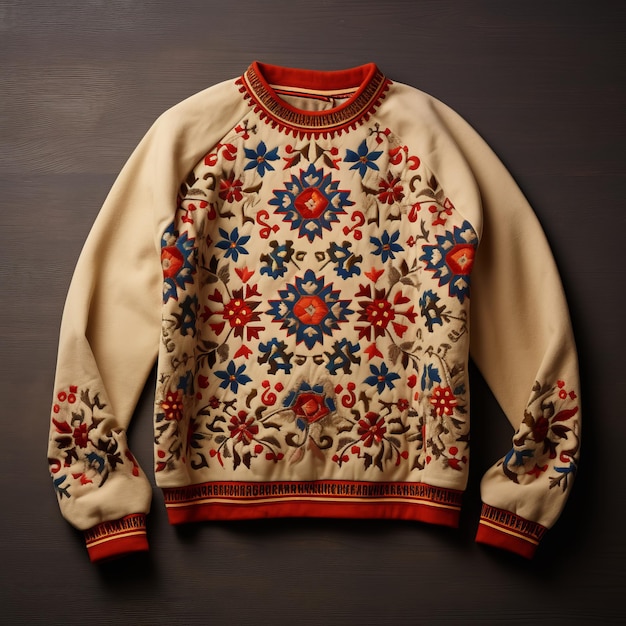 Floral embroidered sweater with beige thread on white background