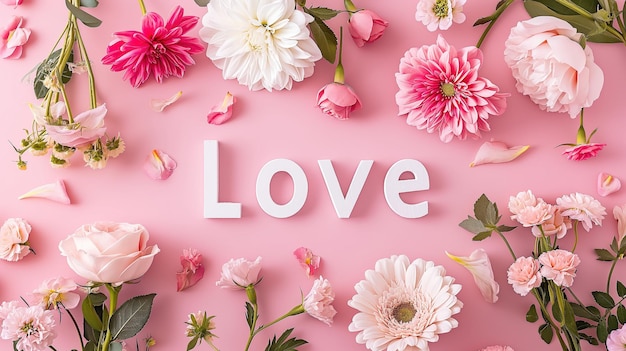 Foto floral flat lay met het woord liefde op zachte roze achtergrond