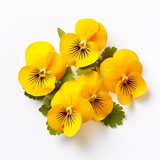 floral flatlays with pansies on white background