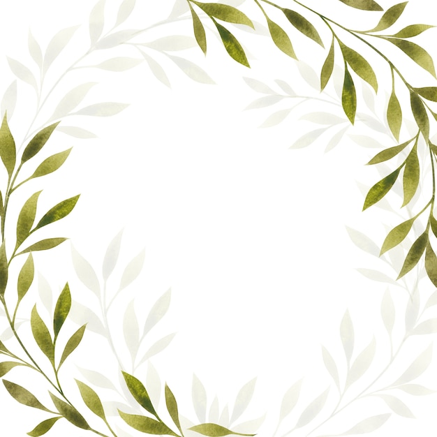 Floral frame, border, blank, template isolated on white. Watercolor botanical illustration for copy space, card, greeting, invitation. Green leaves square design element.