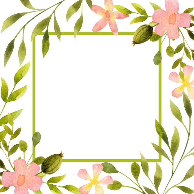 Цветочная рамка границы карты копией пространства Акварельные цветы листья квадратные элементы дизайна
