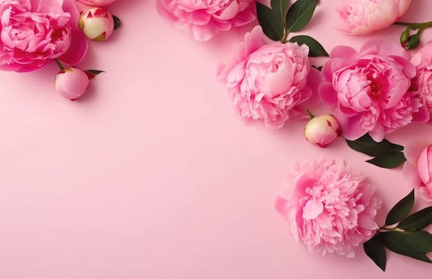 Foto layout cornice floreale con spazio di copia peonia rosa su sfondo solido festa della mamma e festa della donna