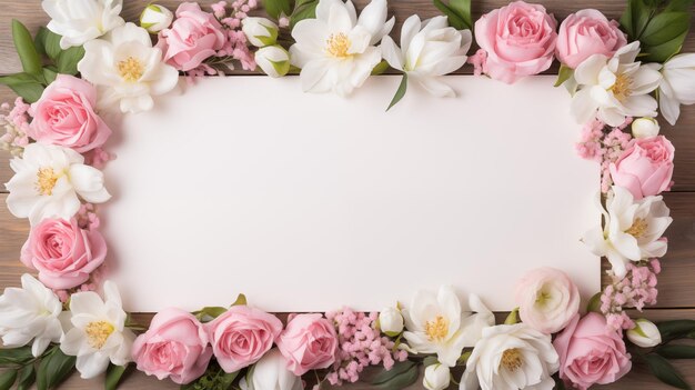 Floral Frame of Pink Roses and White Blooms on Wood