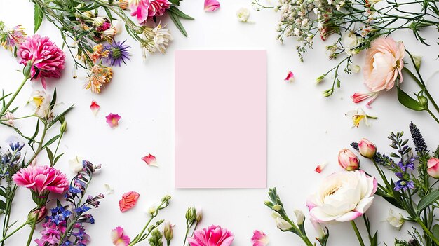 Photo floral frame of wild and decorative flowers with pink vertical postcard template for text flower arrangement on a white background and blank blank paper