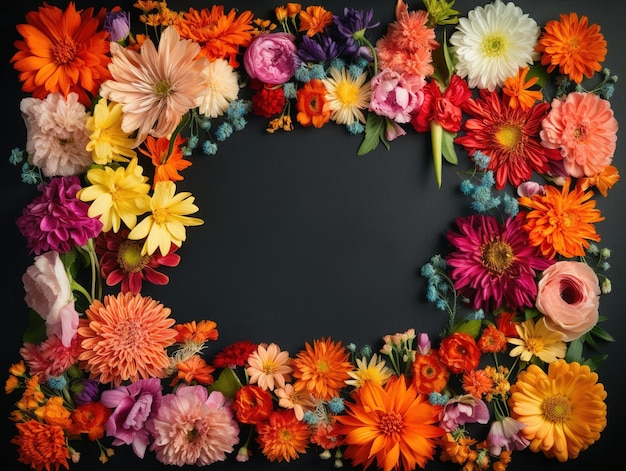 A floral frame with blank space Flat lay top view Greeting card mockup AI generative image