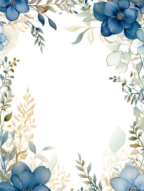 a floral frame with blue flowers on a white background Abstract Indigo foliage background with