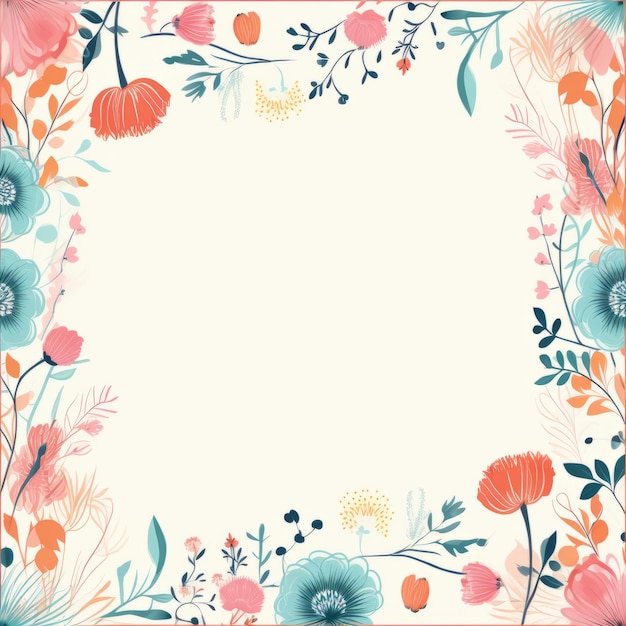 a floral frame with blue orange and pink flowers on a white background