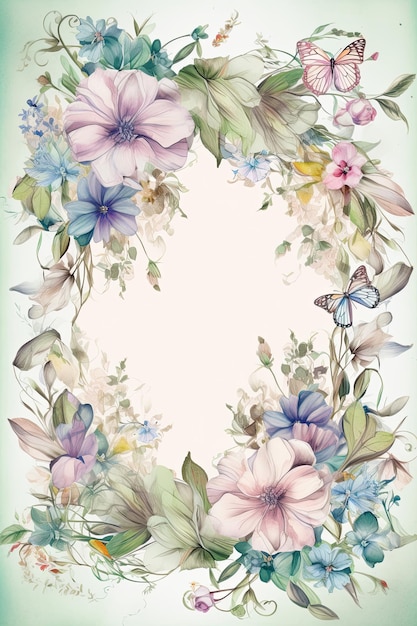 A floral frame with a butterfly on it.