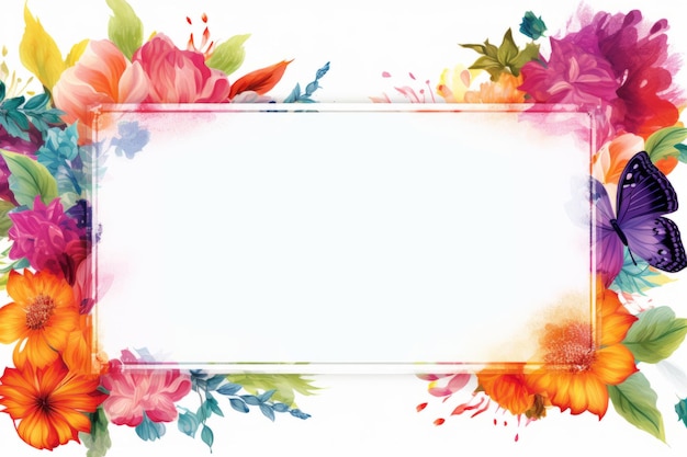 Photo floral frame with flowers and butterflies on a white background