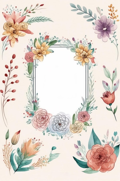 Floral frame with flowers and leaves on white background Generative AI