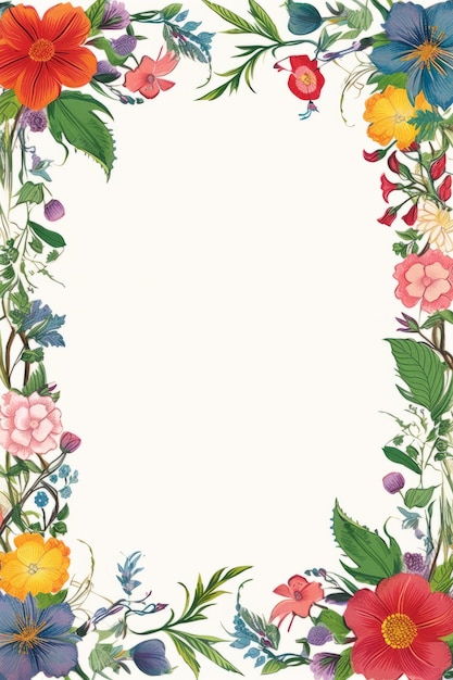 a floral frame with flowers and leaves on a white background