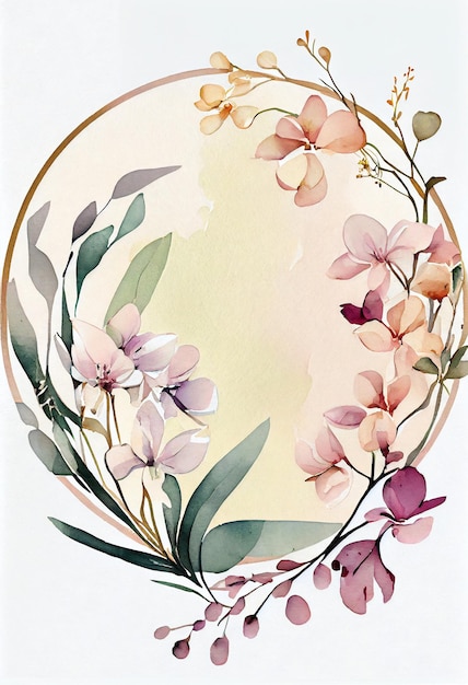 A floral frame with a gold circle and a pink orchid.