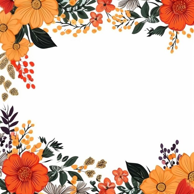 a floral frame with orange flowers and berries on a white background generative ai