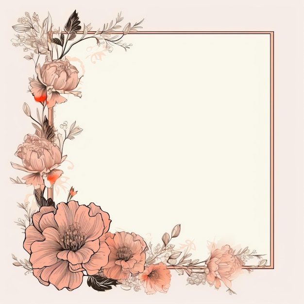 Photo a floral frame with pink flowers and leaves on a beige background