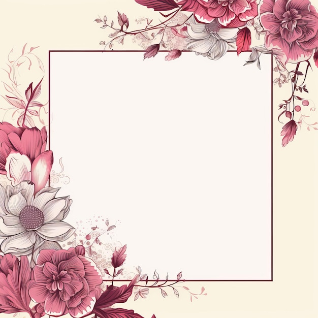 Floral frame with pink flowers and leaves on a beige background