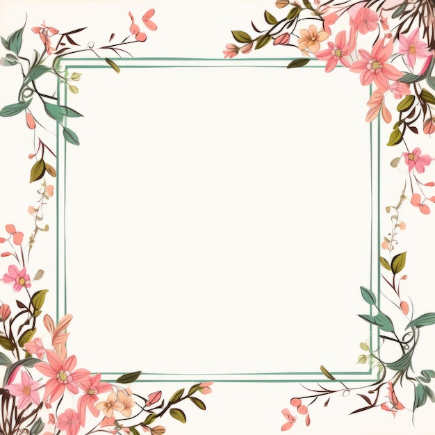 a floral frame with pink flowers and leaves on a white background