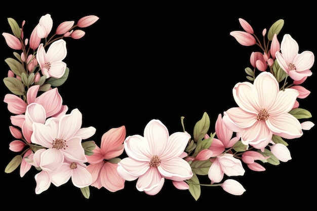 a floral frame with pink flowers and leaves.