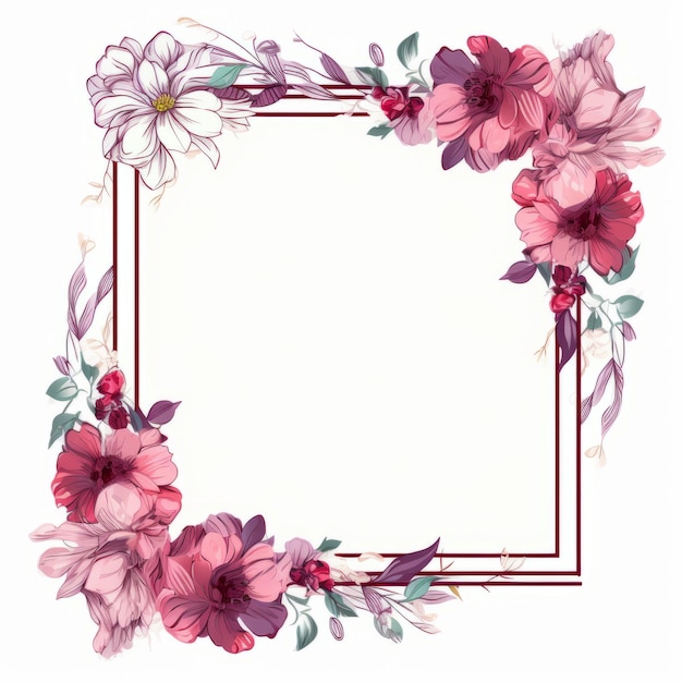 a floral frame with pink and purple flowers on a white background