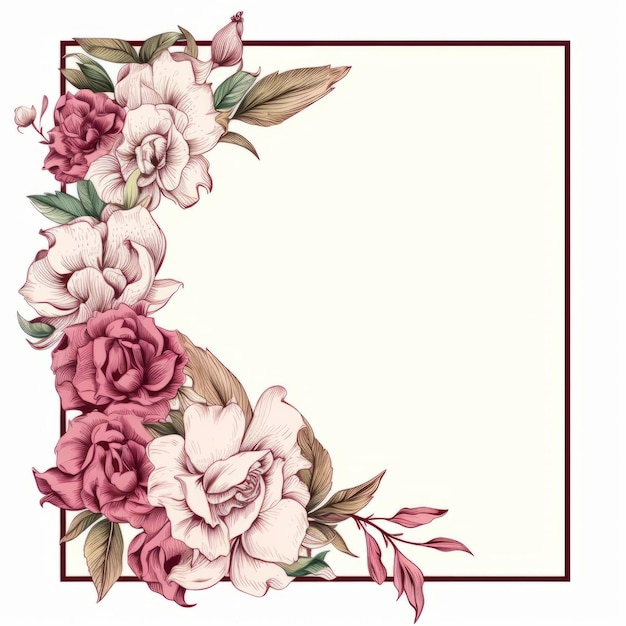 a floral frame with pink and red flowers on a white background