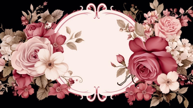 floral frame with pink roses on a black background