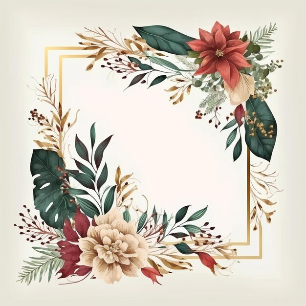 A floral frame with red flowers and leaves on a white background.