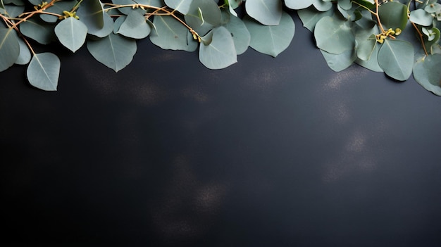 Floral frame with silver eucalyptus leaves on black