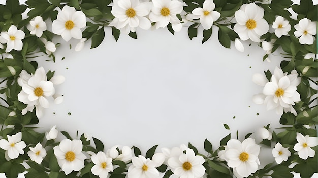 Floral frame with white flowers and green leaves on a white background