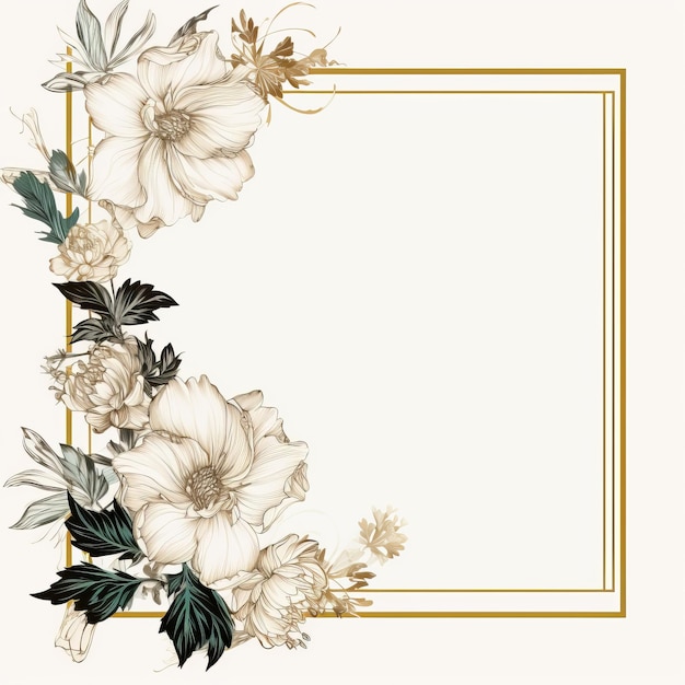 A floral frame with white flowers and leaves on a beige background