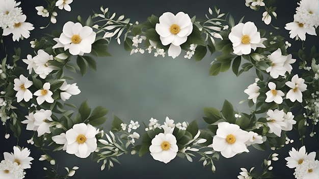 Floral frame with white flowers and leaves on a dark green background
