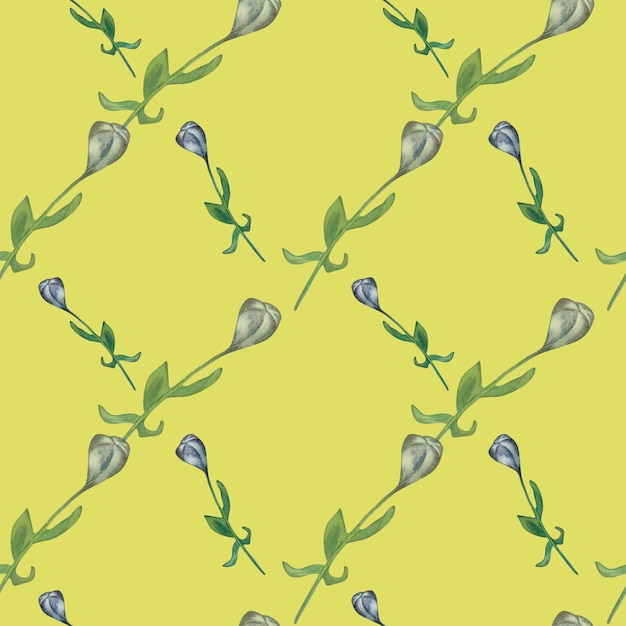 사진 노란색 배경에 꽃 기하학적 패턴 보라색 색상 디자인 패브릭 섬유 벽지 포장을 위한 식물 장식의 반복 마름모