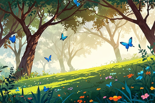 Photo floral glade tree and bright butterfliesvector illustration