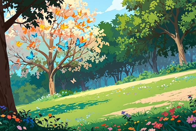 Photo floral glade tree and bright butterfliesvector illustration