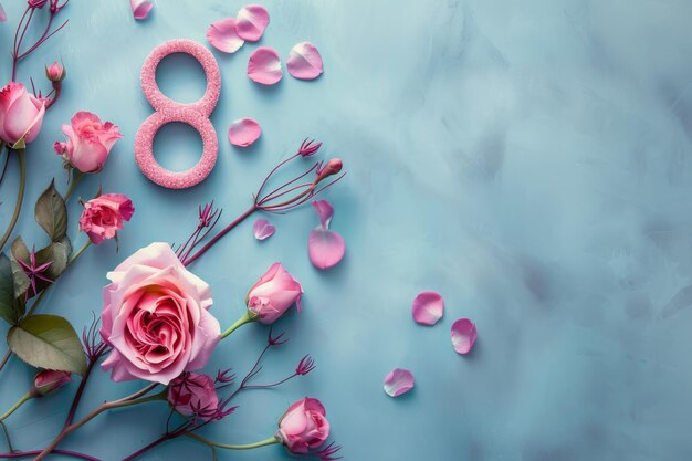 Floral greeting card for March 8th on a blue background