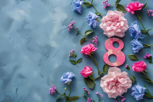 Floral greeting card for March 8th on a blue background