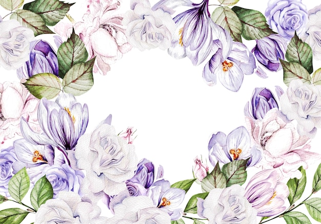 Цветочная открытка с цветущим крокусом и садовыми листьями