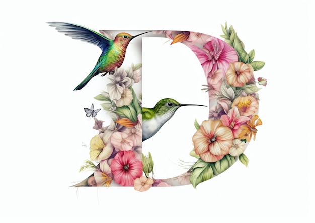 Floral Harmony An Exquisite Floral Alphabet Letter Adorned with Flowers and a Hummingbird Generative Ai