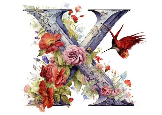 Floral Harmony An Exquisite Floral Alphabet Letter Adorned with Flowers and a Hummingbird Generative Ai