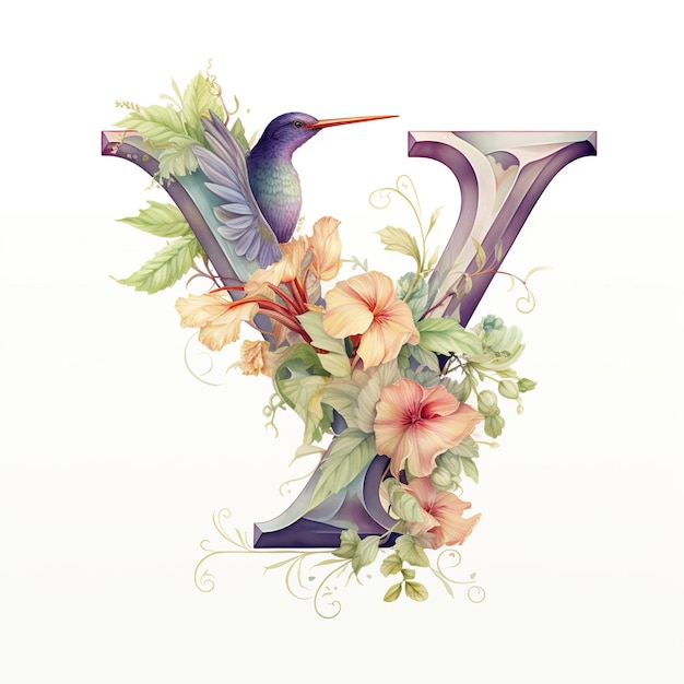 Floral Harmony An Exquisite Floral Alphabet Letter Adorned with Flowers and a Hummingbird Generative Ai