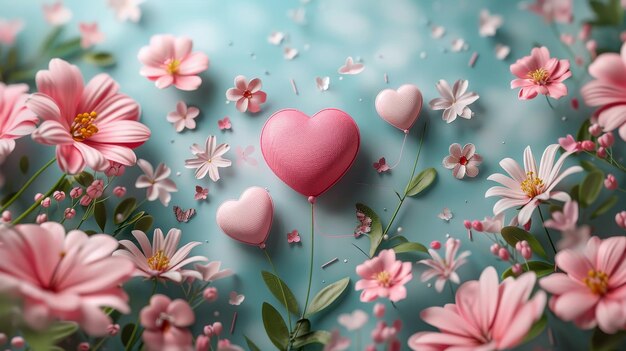 floral heart background with pink flowers blue background