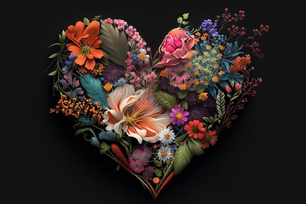 Foto carta di cuore floreale bouquet decorativo di fiori progettato per formare una forma di cuore generativo ai