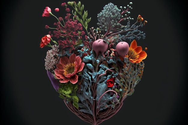 Цветочное сердце с декоративными растениями и цветами