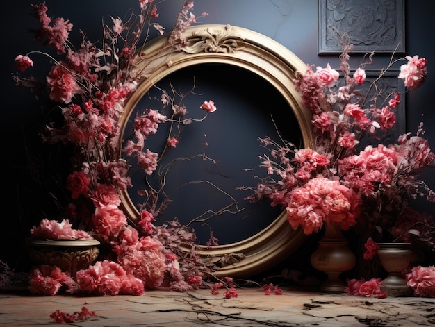 floral hoop digital backdrops shoot set up with prop Flower and wood backdrop AI Generative