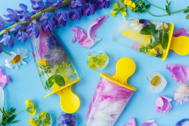 Floral Ice Pops Kleurrijke wilde bloemen in bevroren ijslolly's en ijsblokjes op blauwe achtergrond plat leggen met verse zomerbloemen Hallo zomerconcept Creatief helder beeld