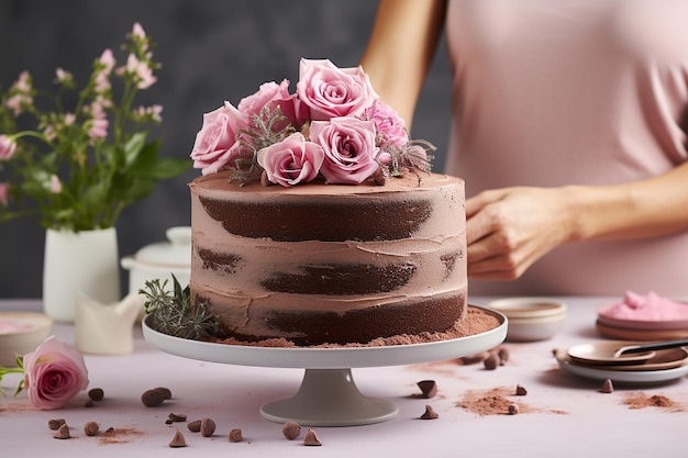 floral icing cake on bokeh background