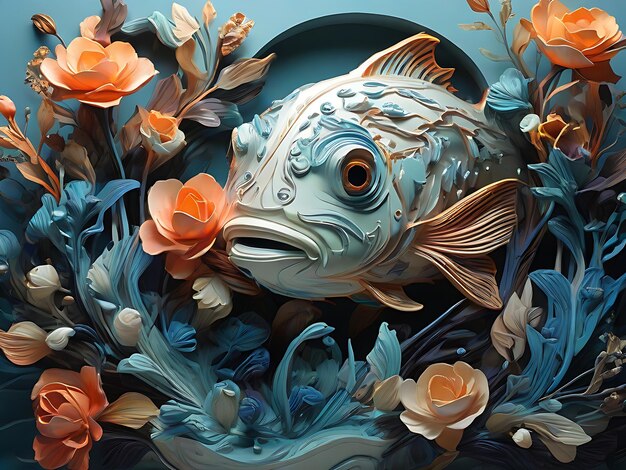 floral illustration of nature underwater nature fish sculpture glows