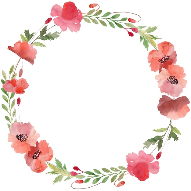 Floral illustration watercolor botanic wreath with poppies